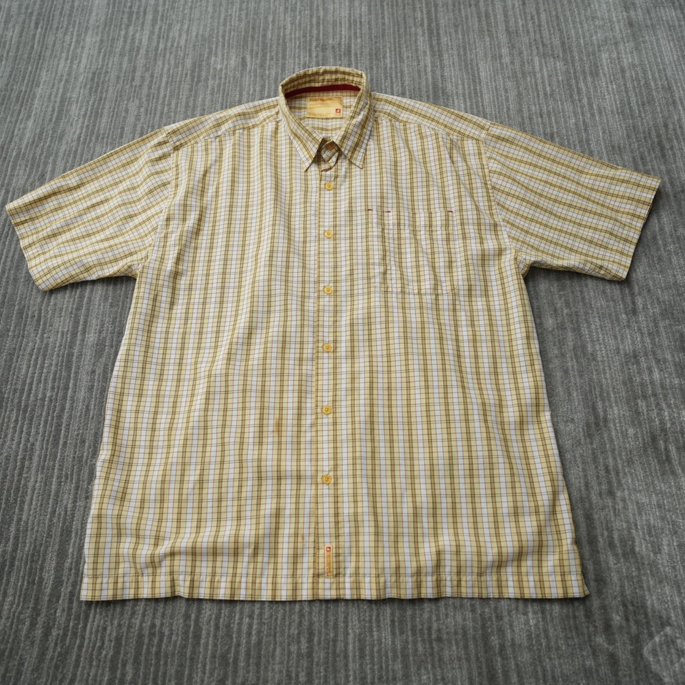 Ferruche Shirt Men Button Up Yellow Checker Plaid Short‎ Sleeve Rayon 2XL